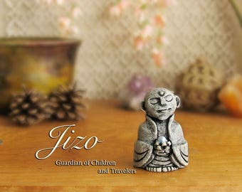 Jizo Statue with Swarovski Crystal Pearl - Guardian of Children, Women and All Voyagers - Bhuddist Bhodisattva Icon - Handmade & Handpainted