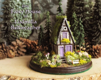 Ludmilla Bellweather's Fairy House - Miniature Stone and Timber Cottage- Landscaped Felted Base w/Purple Door, Windows, Flowers & Pine Trees