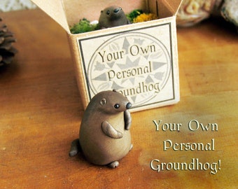 Groundhog Figurine - Your Own Personal Groundhog Day - Imbolc Weather Divination - Miniature Polymer Clay Figurine and Box Burrow