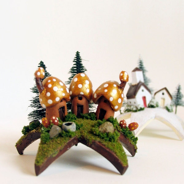 Trio of Woodland Mushroom Fairy Houses Upon a Star - Tiny Gold Capped Houses and Pine Trees by Bewilder and Pine