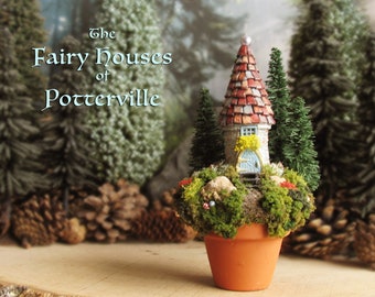 The Potterville Fairy Hermitage - Woodland Fairy Scene w/ Round House - Mini Terracotta Pot, Pine Trees, Wildflowers, Mushrooms & Fairy Door