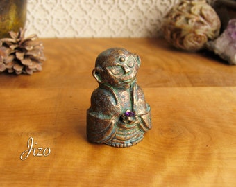 Miniature Jizo Statue - Handmade Clay Altar Piece - Choice of Patina Finish and Crystal- Guardian of Children, Women, Travelers and Voyagers