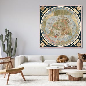 Oude platte aardekaart canvas, 1587 door Monte Urbano poster, grote wereldkaart muurkaart, 15e-eeuwse oude kaart, platte aardekaart, klaar om op te hangen