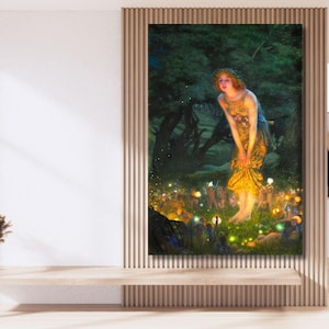 Midsummer Eve by Edward Robert Hughes (1908) Canvas Wall Art, Famous Painting, Night Fairy, Mythic and Luminescent,Reproduction Canvas Print