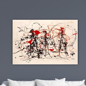 May include: Abstract artwork with a cream backdrop, marked by black and red paint strokes. The piece uses linear and splattered elements, producing a dynamic visual effect. The artwork is mounted on a rectangular canvas.