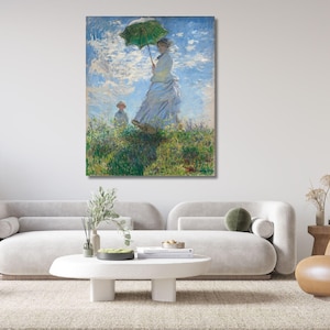 Frau mit Sonnenschirm - Madame Monet und ihr Sohn von Monet Wandkunst, Monet Leinwand, Reproduktion Leinwanddruck, Claude Monet fertig zum Aufhängen