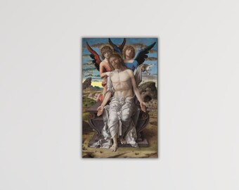 May include: A framed Renaissance-style painting showing a seated figure with angels. The central figure is fair-skinned, draped in white cloth, and has a serene expression. Two angels with colourful wings flank the figure against a backdrop of a landscape and sky.