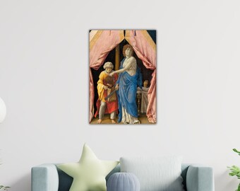 May include: A framed Renaissance-style painting shows a scene with figures in classical attire. A woman in a blue robe stands under a pink draped canopy, interacting with a man in yellow and red garments. A small child is also present.