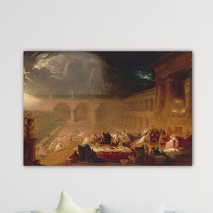 May include: A rectangular canvas print of an antique painting depicting a large, open-air structure with columns and arches. The scene is illuminated by a dramatic light source, with figures gathered in the foreground.