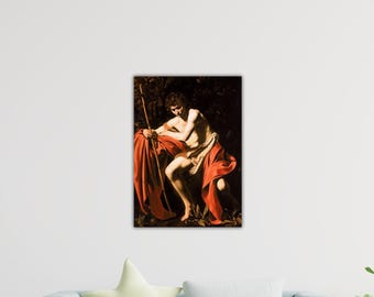 May include: A framed print of a classical painting. The artwork shows a seated figure draped in red and beige fabric, holding a staff. The background is dark, with hints of foliage. The painting has a dramatic, chiaroscuro style.