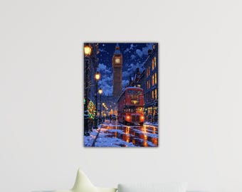 Puede incluir: Pintura de una escena callejera londinense nevada con el Big Ben y un autobús de dos pisos rojo. La calle está mojada y reflectante, con luces navideñas y nieve que crean un ambiente festivo.