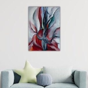 May include: A rectangular wall art print featuring an abstract composition of flowing, organic shapes in shades of deep red, dark blue, and soft gray. The design consists of layered, curved forms that create a sense of movement and depth.