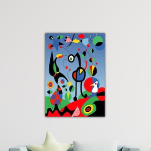 Può includere: Stampa d'arte astratta con una vivace composizione di forme e colori. L'opera presenta uno sfondo blu con elementi neri, rossi, gialli e verdi. Il design include figure stravaganti e forme geometriche.