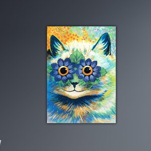Può includere: Ritratto colorato di un gatto con tonalità blu, verdi e gialle. Gli occhi del gatto sono sostituiti da occhiali a forma di fiore blu, su uno sfondo floreale astratto. L'opera è una rappresentazione stravagante e vibrante di un felino.