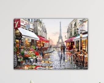 May include: A painting depicting a Parisian street scene with the Eiffel Tower in the background. The street is lined with shops and cafes, and people are walking and sitting outside. The painting is executed in a realistic style with a warm colour palette.