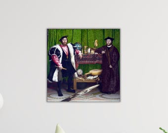 May include: A framed print of a Renaissance-era painting featuring two men in elaborate attire. One man stands, holding a staff, while the other leans on a table with scientific instruments. The background is a green curtain.