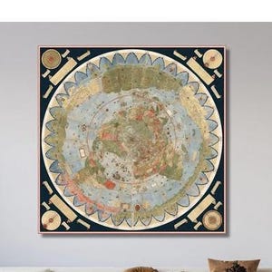 Antike Flache Erdkarte Leinwand, 1587 von Monte Urbano Poster, Große Weltkarte, Wandkarte, 15th Century alte Karte, Flache Erdkarte, fertig zum Aufhängen