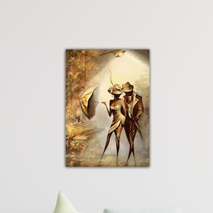 Póster de pareja encantadora con paraguas dorado. Pareja abstracta de amor bajo el paraguas. Lienzo de amor. Decoración de pared. Regalo de San Valentín.