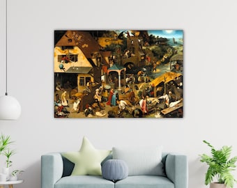 May include: A framed print of a historical painting depicting a bustling village scene. The artwork features numerous figures engaged in various activities, with buildings and a river in the background. The color palette includes earthy tones, with pops of red and blue.