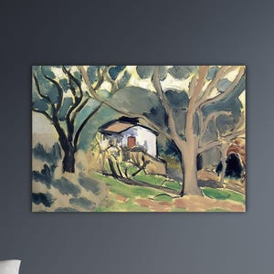 May include: An oil painting of a landscape scene, featuring a white house with a red door framed by trees. The artwork uses greens, blues, and browns, with visible brushstrokes. The painting is mounted on a wall.