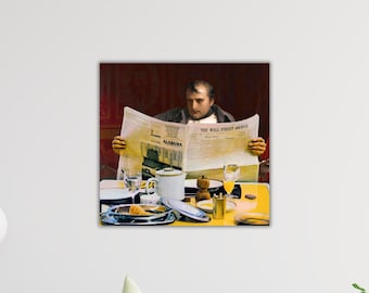 May include: A framed print of a painting depicting a man reading a newspaper at a table. The newspaper is open, with the headline "THE WALL STREET JOURNAL" visible. The table is set with plates, glasses, and a coffee pot. The man is wearing a dark jacket.