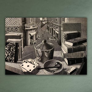 M C Escher Natura morta e strada su tela Escher dipinto artista olandese M. C. Escher regalo Maurits Escher poster Escher arte murale decorazione della parete della casa