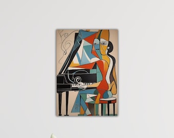 May include: Abstract art print depicting a person playing a black grand piano. The artwork uses geometric shapes in red, blue, yellow, and black. The person is seated on a small stool. The background is a neutral beige colour.