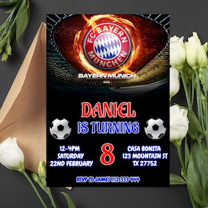 Bearbeitbares FC Bayern München Einladung/Bayern München Geburtstagseinladung/Fußball Party Einladung/Fußball Geburtstagseinladung