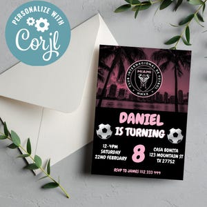 Invitación de cumpleaños editable del Inter Miami FC, invitación digital para fiesta de fútbol, invitación de cumpleaños de Messi, invitación de cumpleaños de fútbol