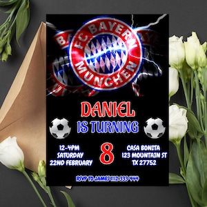 Convite editável de aniversário do FC Bayern München/convite de aniversário do Bayern de Munique/convite para festa de futebol/convite de aniversário de futebol