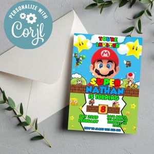 Convite de aniversário editável do Super Mario | Convite digital do Super Mario | Convite para impressão do Super Mario | Convite para download instantâneo do Mario
