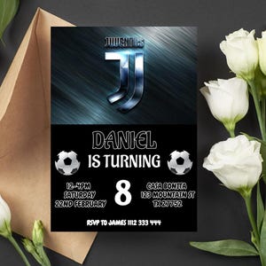 Convite de aniversário editável da Juventus FC, convite digital para festa de futebol, tema da Liga dos Campeões, convite de aniversário de futebol, Juventus FC