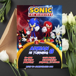 Faire-part d'anniversaire modifiable de Sonic le hérisson | Invitation Sonic numérique | Invitation Sonic imprimable | Invitation Ombre le hérisson