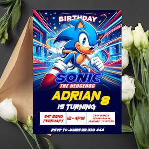 Faire-part d'anniversaire modifiable de Sonic le hérisson | Invitation Sonic numérique | Invitation Sonic imprimable | Invitation Ombre le hérisson