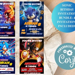 Lot de 4 invitations d'anniversaire Sonic - 4 invitations incluses/Cartes d'invitation Sonic The Hedgehog/Cartes d'invitation Sonic/Shadow et Sonic