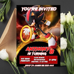 Convite de aniversário editável do Sonic, o ouriço | Convite digital do Sonic | Convite para impressão do Sonic | Convite do Shadow, o ouriço