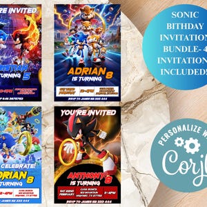 Lot de 4 invitations d'anniversaire Sonic - 4 invitations incluses/Cartes d'invitation Sonic The Hedgehog/Cartes d'invitation Sonic/Shadow et Sonic