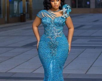 Vestido de sirena con corsé de encaje azul cielo: vestido africano para bodas, graduaciones, cumpleaños y recepciones de noche.