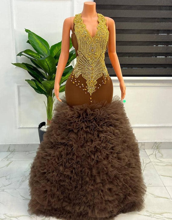Luxury Brown Prom Dress: Handmade Lace Applique Tulle Gown Luxury Brown Prom Dress: Handmade Lace Applique Tulle Gown