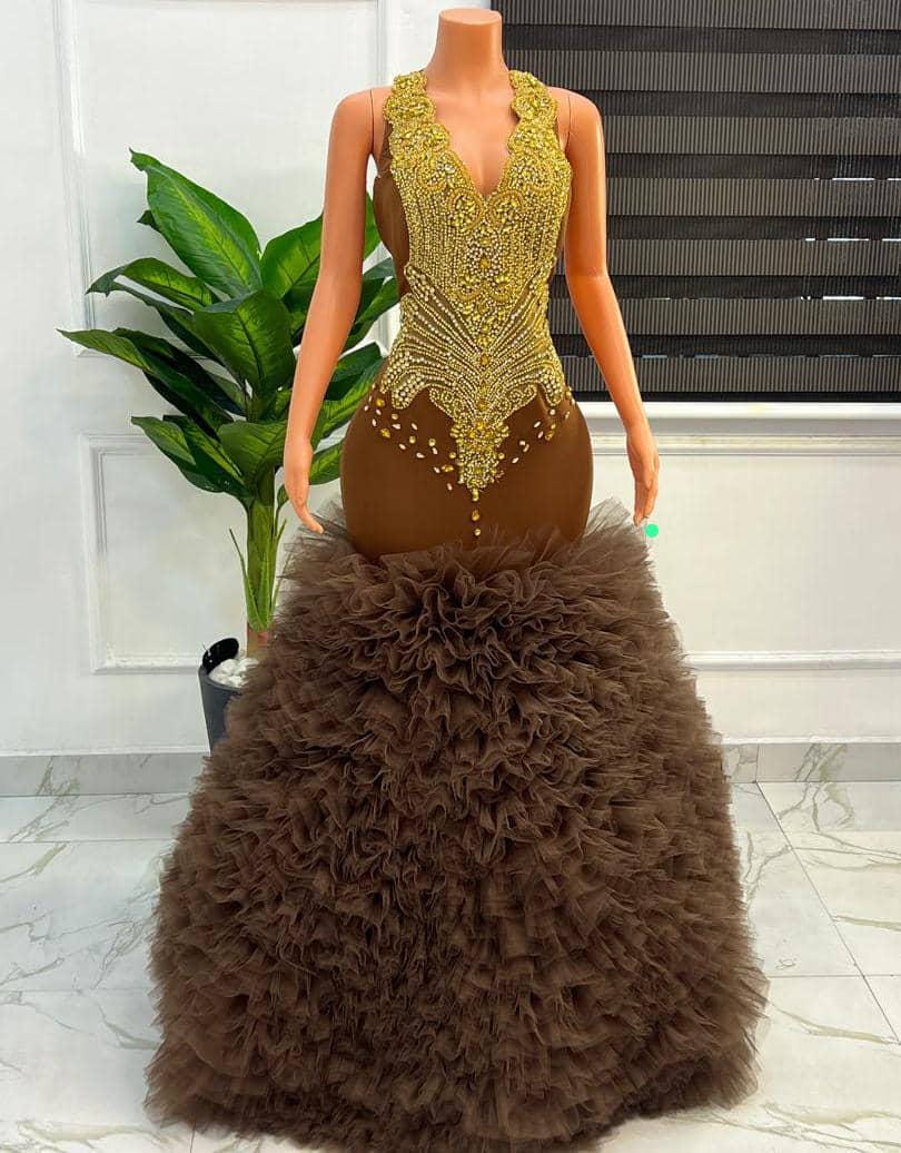 chinese dress ladies Brown Sequin Lace Strapless Prom Dress with Overskirt