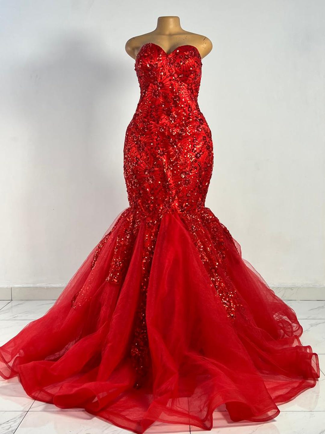 Pretty Red ChiffonSequin Beaded Mermaid Long Party Dress Evening Gown With Ribbon