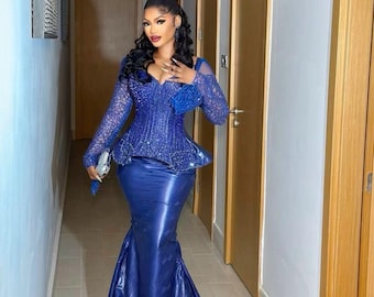 Vestido de sirena con corsé de encaje azul: vestido africano para bodas, graduaciones, cumpleaños y recepciones de noche.