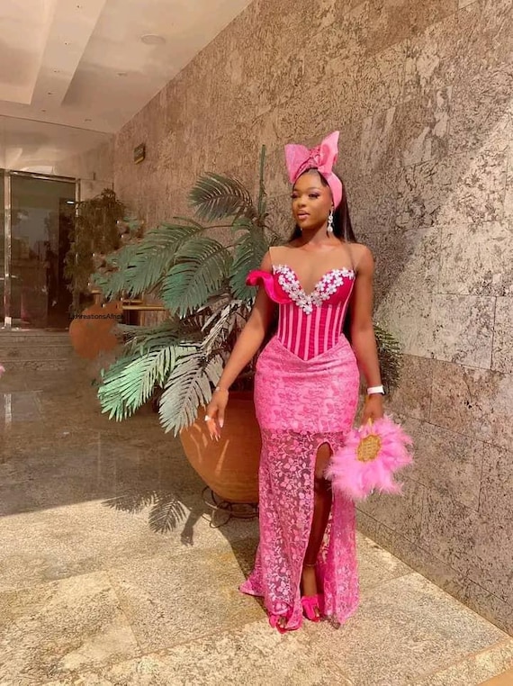 birthday dresses corset Luxury Lace Dress: African Wedding, Prom, or Color:Light-Pink