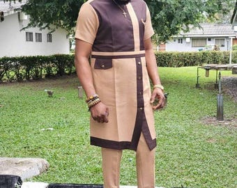 Men's African Senator Suit: Handmade Cotton Wedding Outfit