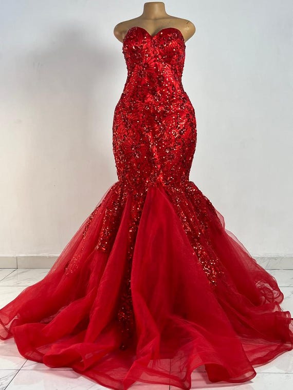 open lace back dress 2025 Long Red Prom Dresses Sequin Mermaid Strapless Formal Dress Red / US6 main image 1