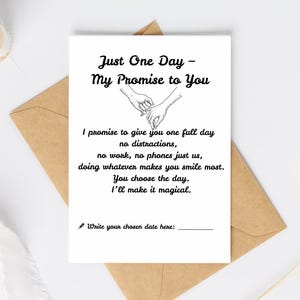 Carte de promesse d'un jour - carte romantique imprimable pour petite amie ou petit ami, cadeau d'amour, téléchargement numérique, date personnalisable