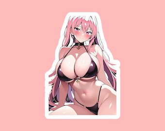 Anime Waifu Sticker, Sexy Pink Hair Woman Kiss-Cut Stickers, Aesthetic Decal, Kawaii Laptop Decoration, Ecchi Manga Illustration,