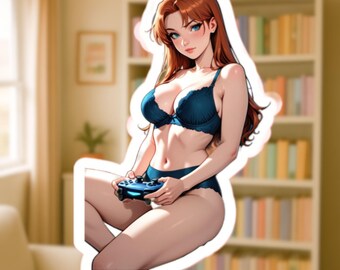 Anime Gamer Girl Vinyl Sticker, Waifu Art