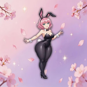 May include: An illustration of a person in a black bunny costume with pink hair and bunny ears. The person is wearing a black bodysuit, bow tie, and heels. The background is a gradient of pink and purple with cherry blossoms and falling petals.