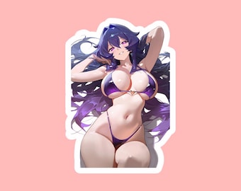 Anime Waifu Stickers, Sexy Purple Hair Busty Woman, Laptop Decals, Kawaii Japanese Art, Aesthetic Vinyl Stickers, Otaku Gift